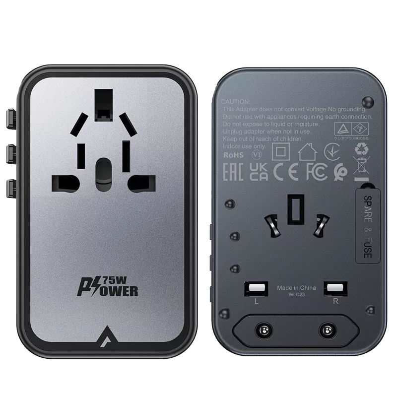 Black Acefast travel adapter with three USB-C ports and two USB-A ports.
