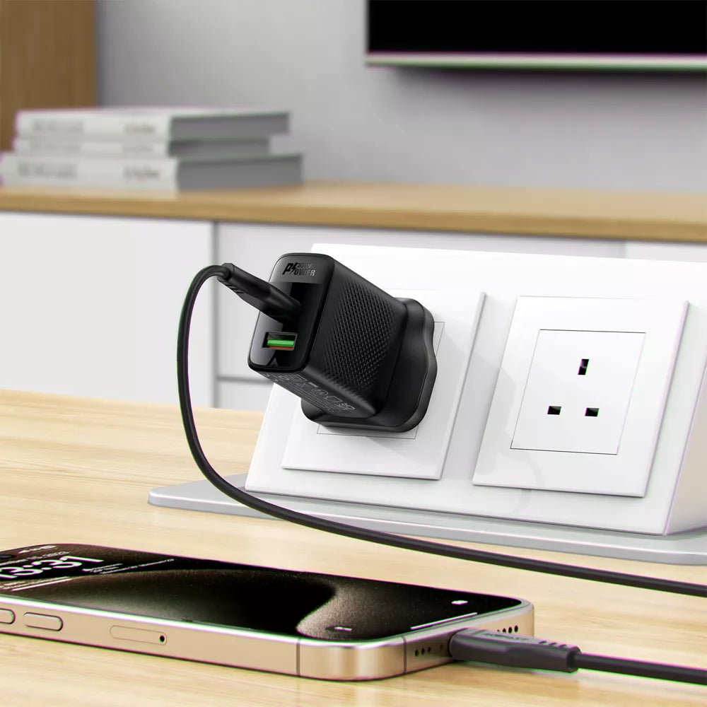 Black Acefast 30W UK plug with a USB-C and a USB-A port.