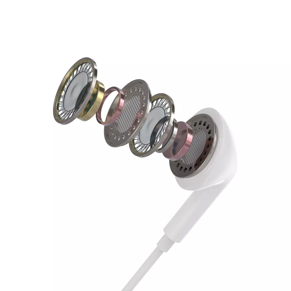White Devia wired in-ear earphones with an inline microphone and volume button.
