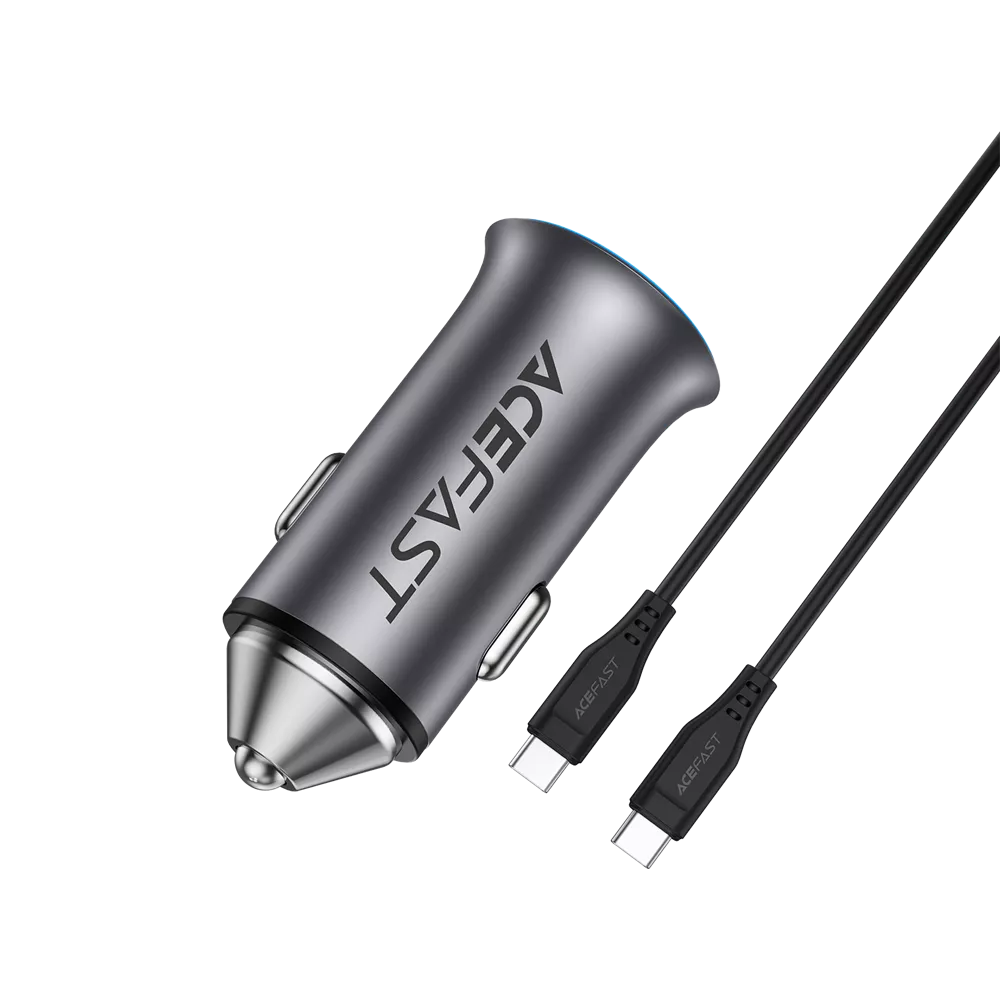 Black Acefast dual port car charger with a braided USB-C cable coiled beside it.