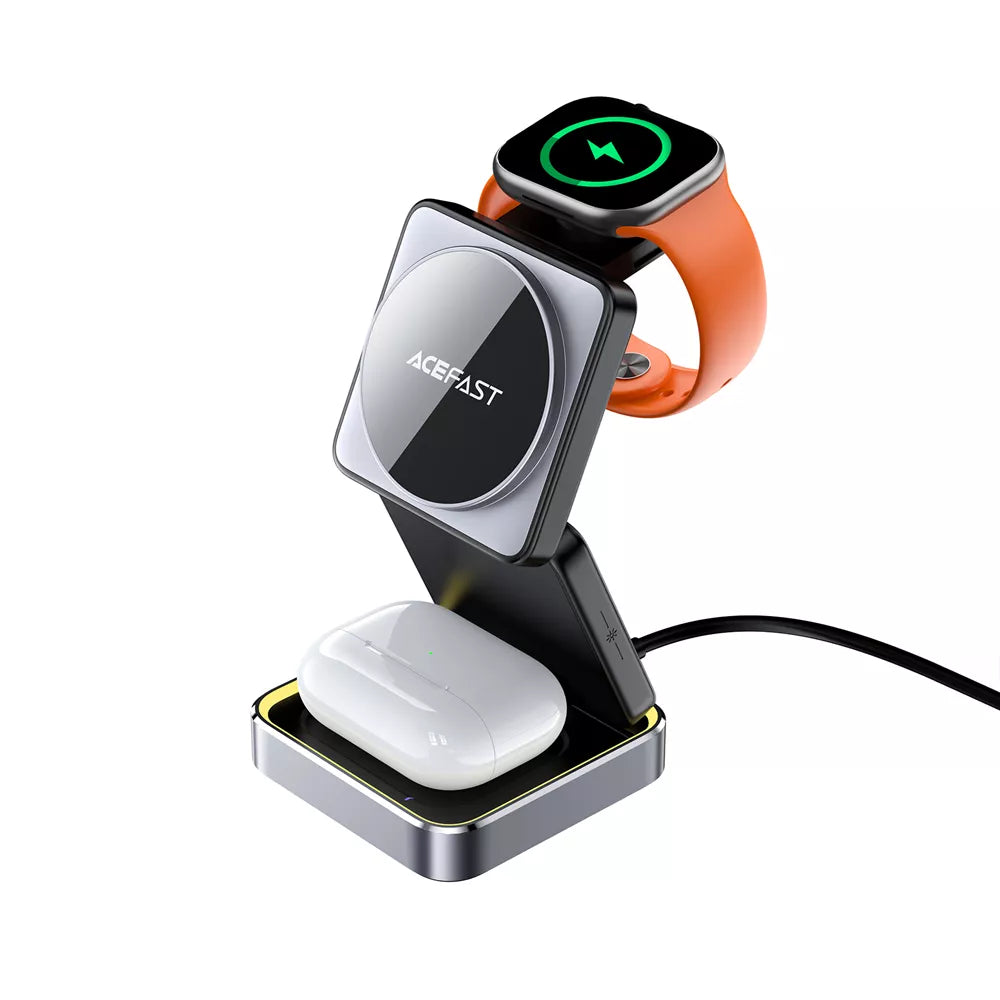 Black Acefast folding wireless charging pad with three charging areas.