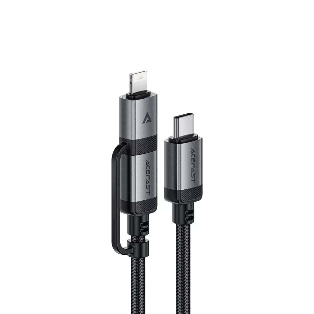 Acefast black braided 2 in 1 charging cable with USB-C and Lightning connectors.