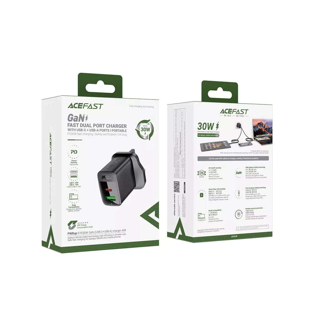 Black Acefast 30W UK plug with a USB-C and a USB-A port.