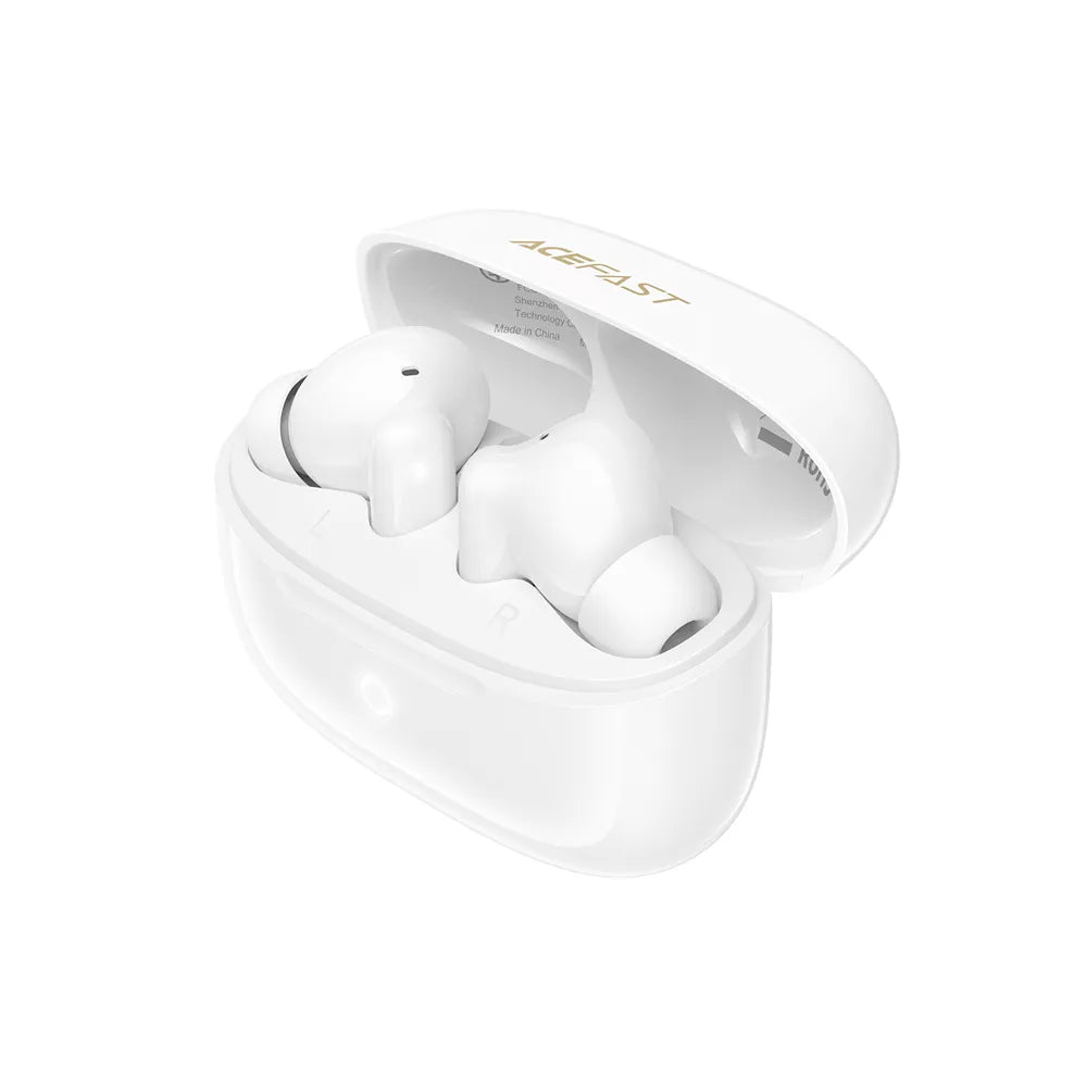 White Acefast wireless earbuds resting in their open charging case.