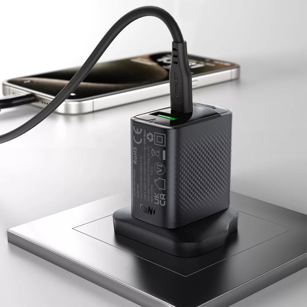 Black Acefast 30W UK plug with a USB-C and a USB-A port.
