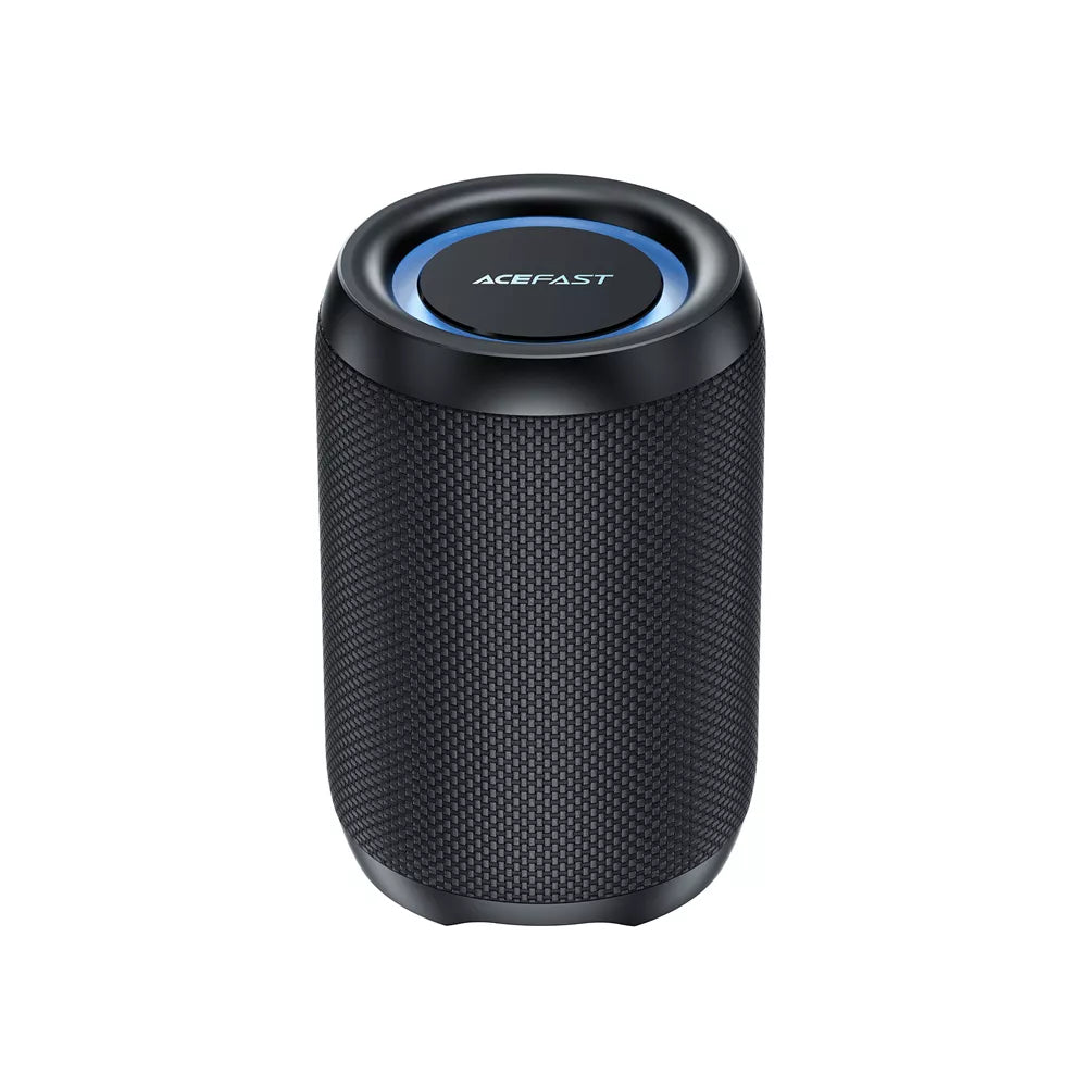 Black Acefast portable Bluetooth speaker with a fabric mesh grille, standing upright.