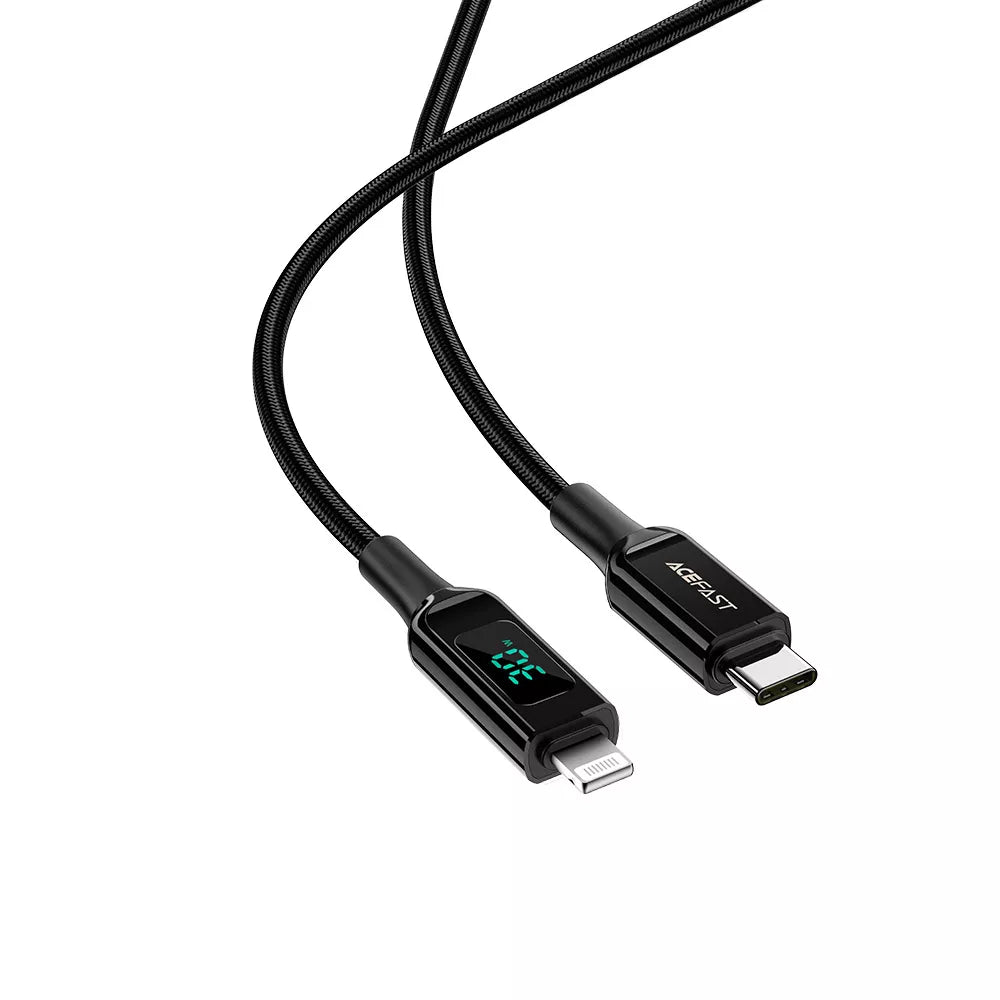 Black Acefast Lightning cable with a small LED wattage display in the connector.