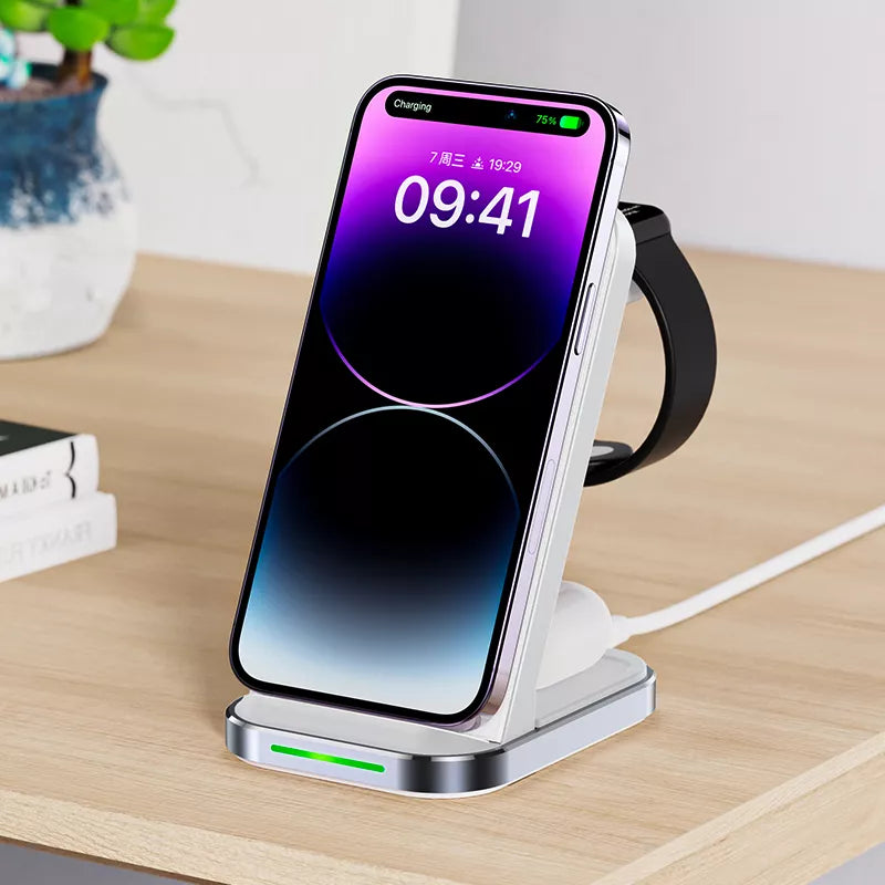White Acefast upright 3 in 1 charging stand with a detachable watch pad.