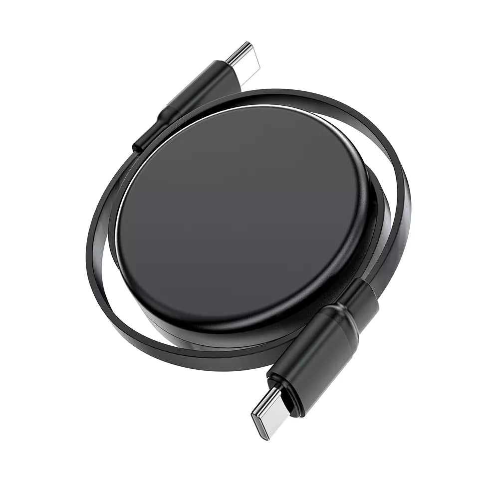 Black Acefast retractable USB-C to USB-C cable partly wound into its housing.