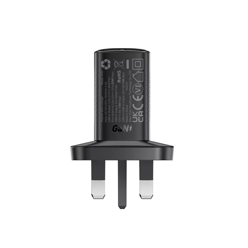 Black Acefast 20W UK plug with a USB-C and a USB-A port.