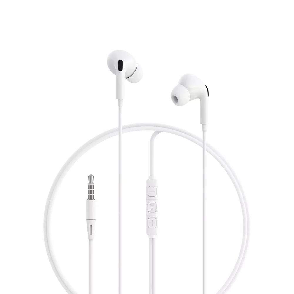 White Devia wired in-ear earphones with an inline microphone and volume button.
