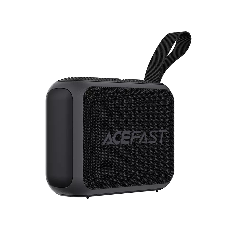 Black Acefast waterproof Bluetooth speaker with a mesh grille and wrist lanyard.