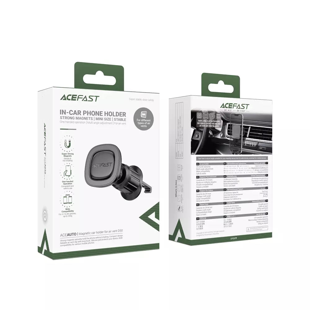 Slim black Acefast magnetic phone holder clipped to a car air vent.