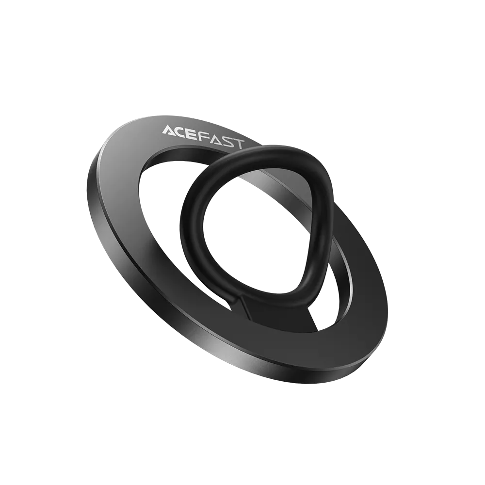 Black Acefast magnetic ring grip on the back of an iPhone.