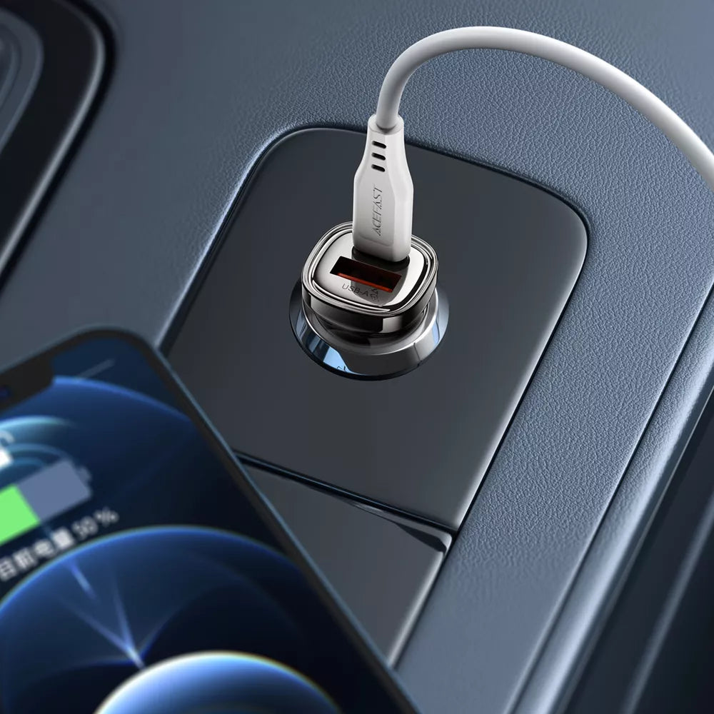 Small black zinc alloy Acefast car charger with two ports, shown upright.