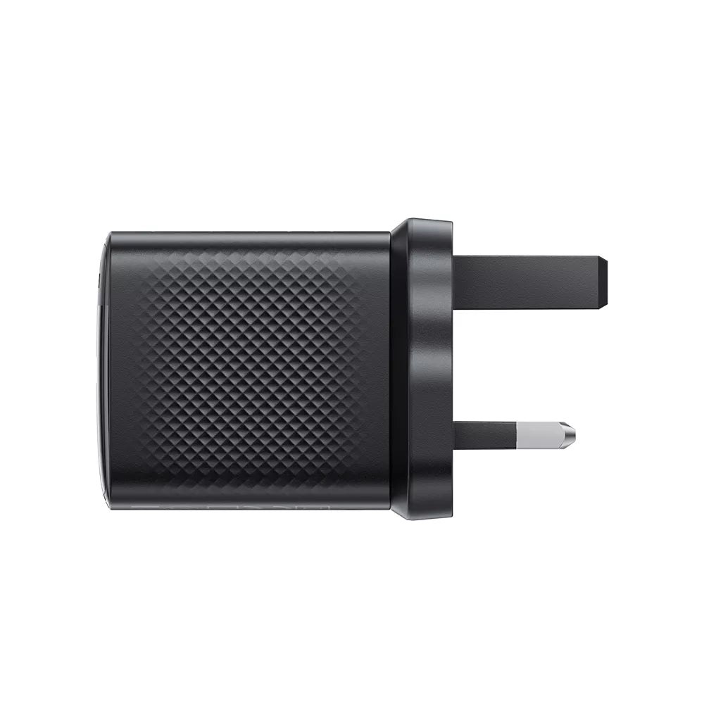 Black Acefast 20W UK plug with a single USB-C port.