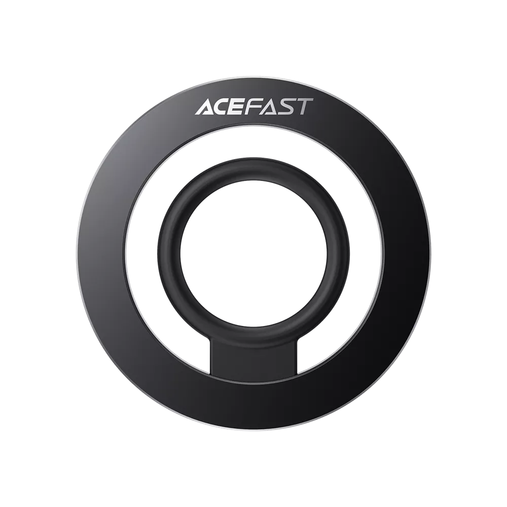 Black Acefast magnetic ring grip on the back of an iPhone.