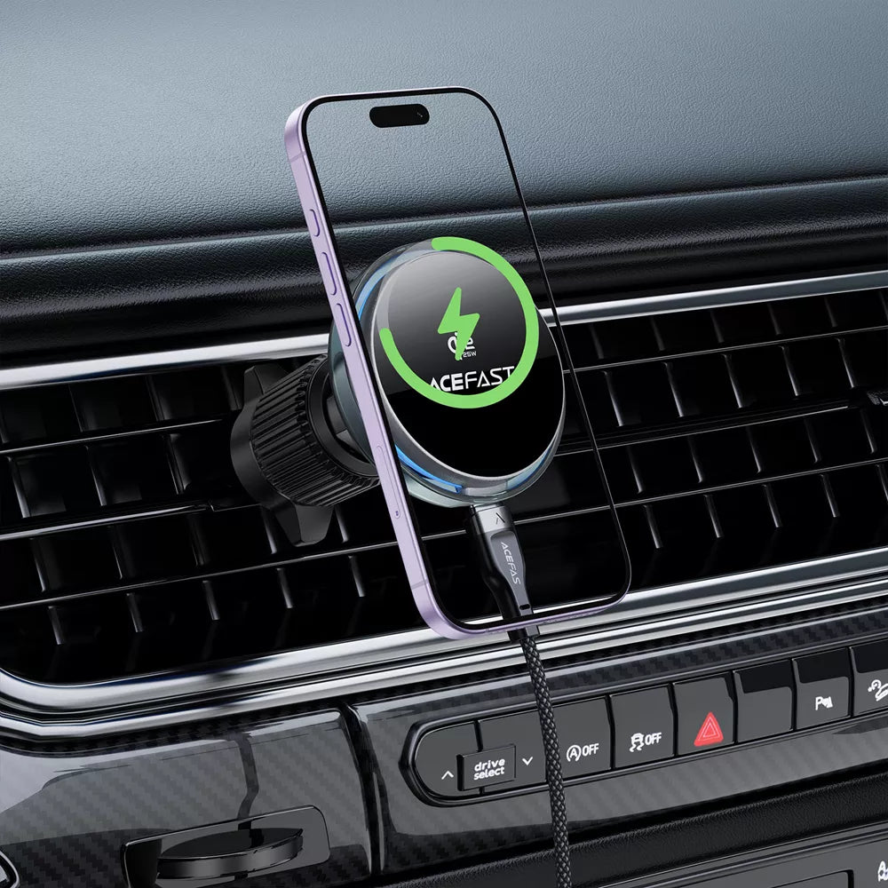 Black Acefast magnetic car vent charger holding a phone upright.