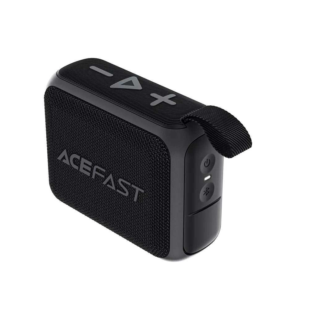 Black Acefast waterproof Bluetooth speaker with a mesh grille and wrist lanyard.