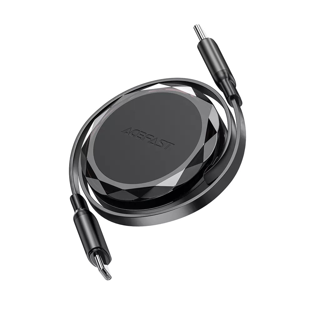 Black Acefast retractable USB-C to USB-C cable partly wound into its housing.