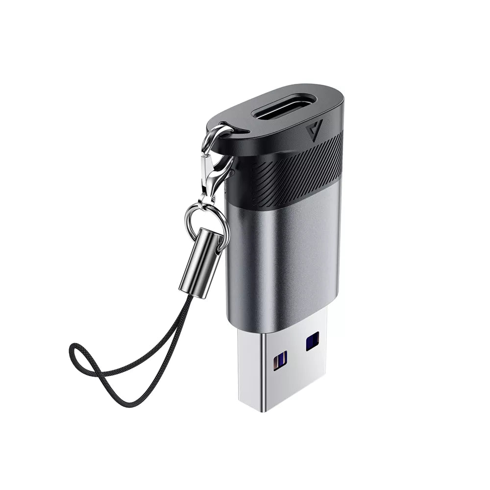 Small aluminium Acefast adapter with a USB-C plug and a USB-A socket.