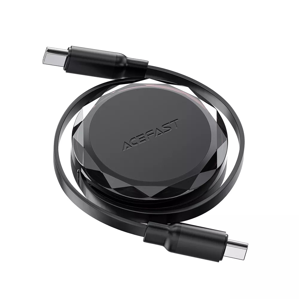 Black Acefast retractable USB-C to USB-C cable partly wound into its housing.