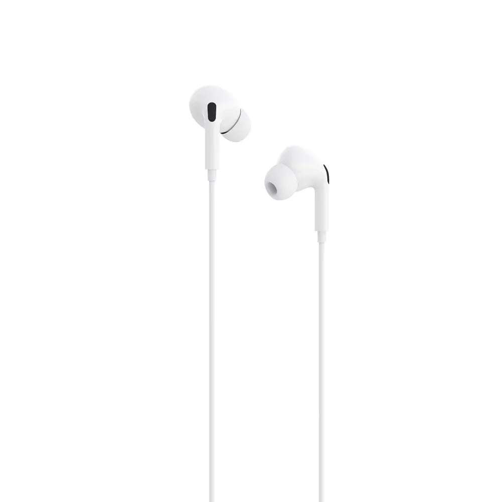 White Devia wired in-ear earphones with an inline microphone and volume button.