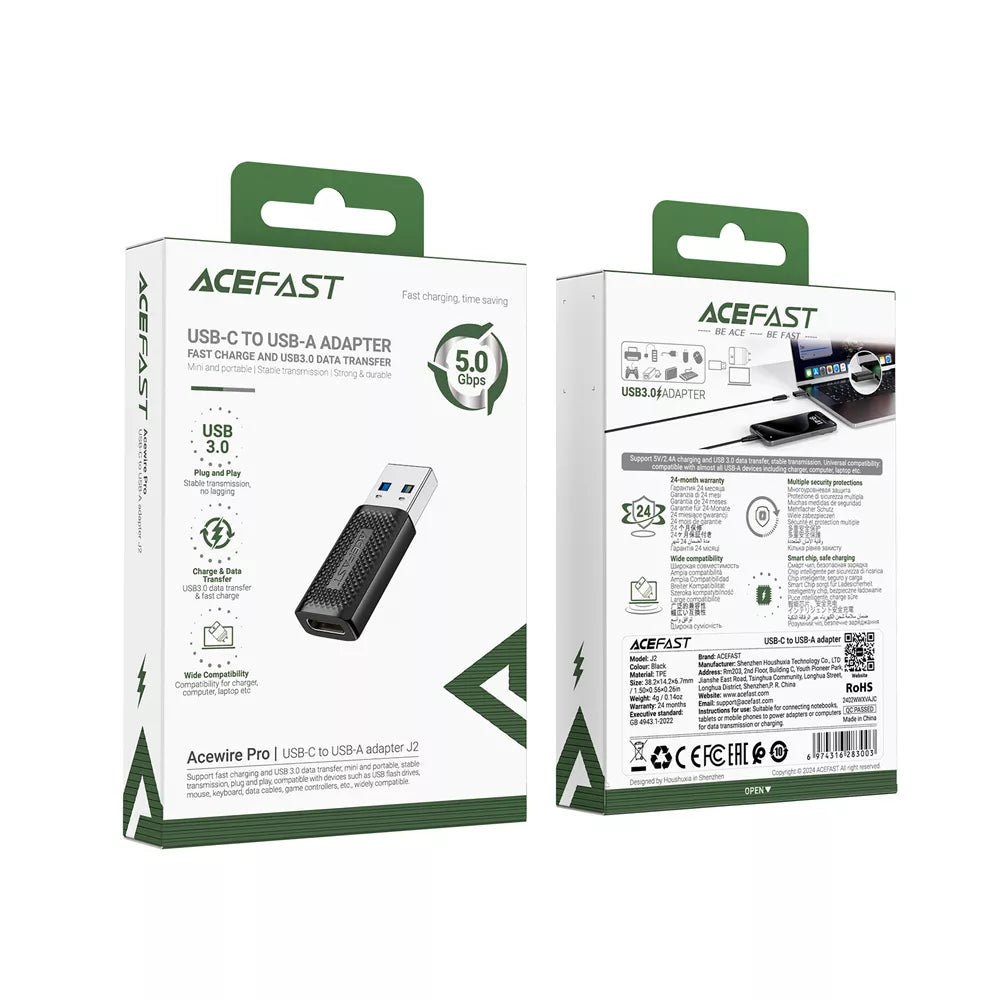 Slim black Acefast TPE adapter with a USB-C plug and a USB-A socket.