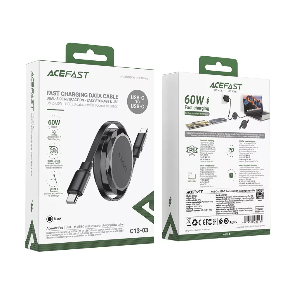 Black Acefast retractable USB-C to USB-C cable partly wound into its housing.