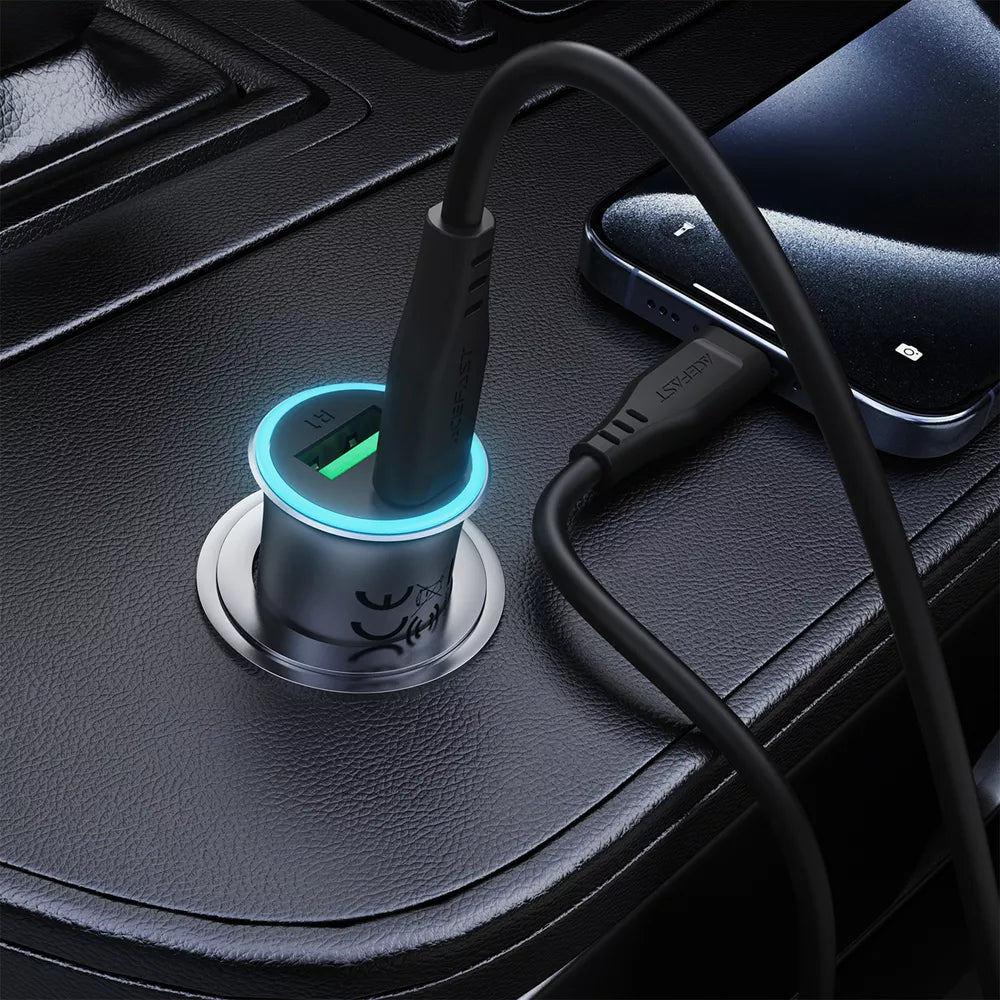 Black Acefast dual port car charger with a braided USB-C cable coiled beside it.