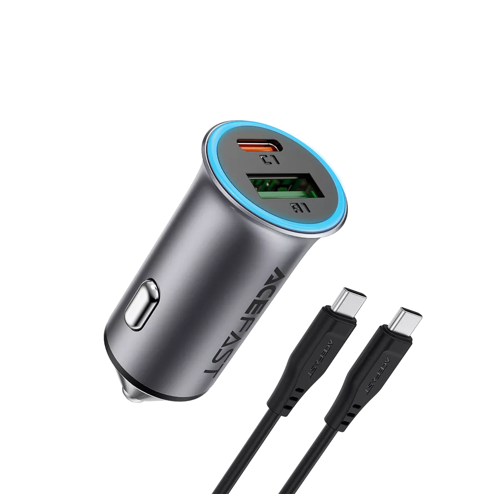 Black Acefast dual port car charger with a braided USB-C cable coiled beside it.