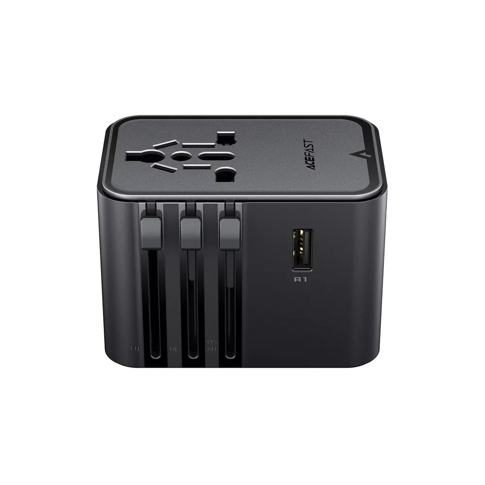 Black Acefast GaN travel adapter with five charging ports and a fold-out plug.