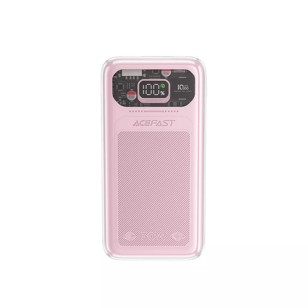 Acefast 30W power bank in Cherry Blossom pink with a digital charge readout.
