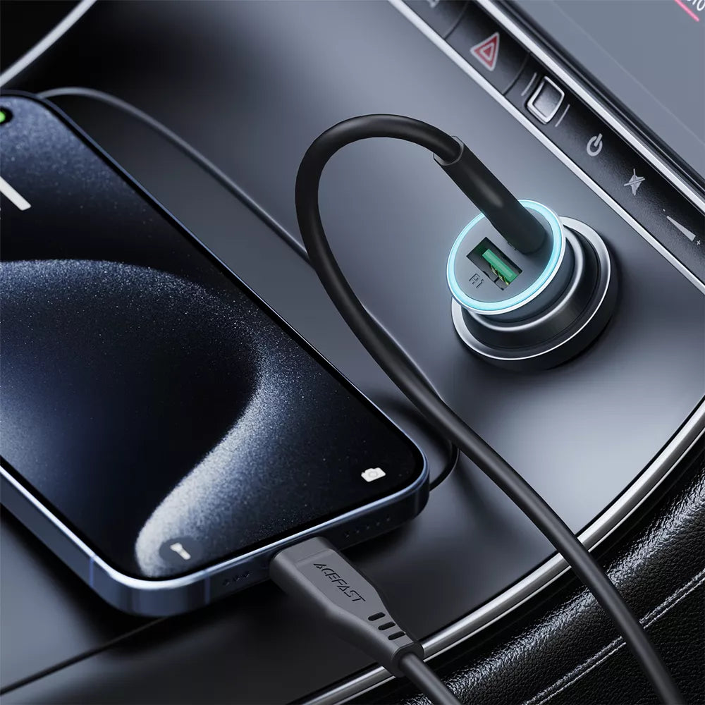 Black Acefast dual port car charger with a braided USB-C cable coiled beside it.