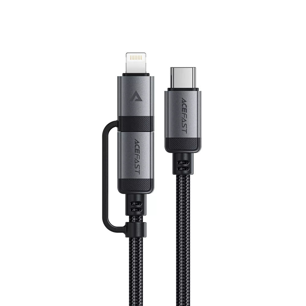 Acefast black braided 2 in 1 charging cable with USB-C and Lightning connectors.