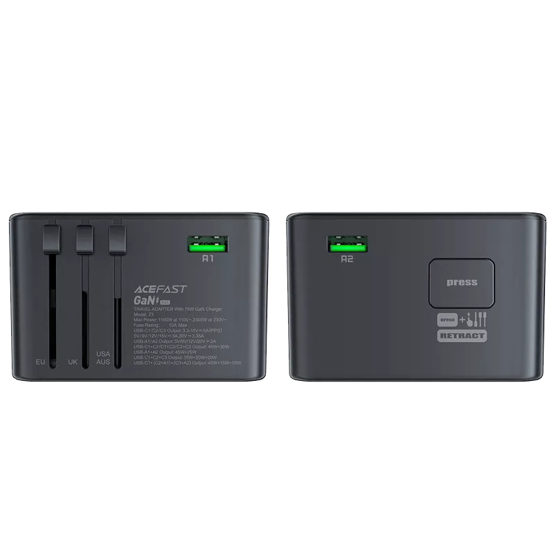 Black Acefast travel adapter with three USB-C ports and two USB-A ports.
