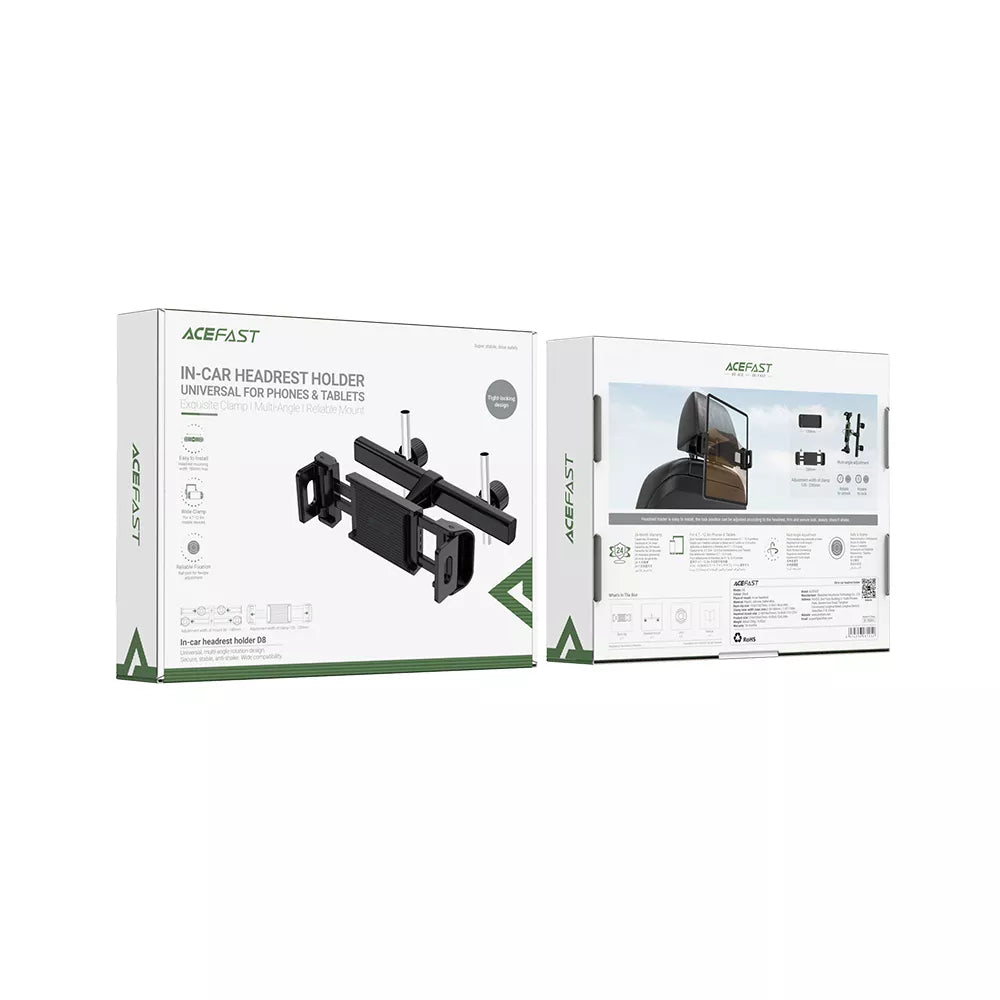 Black Acefast headrest mount holding a tablet on the back of a car seat.