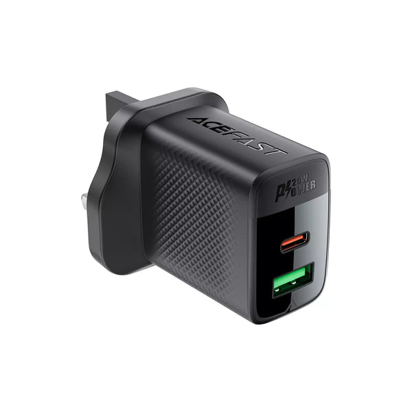 Acefast 20W GaN USB-C and USB-A 3-Pin UK Charging Plug, Black