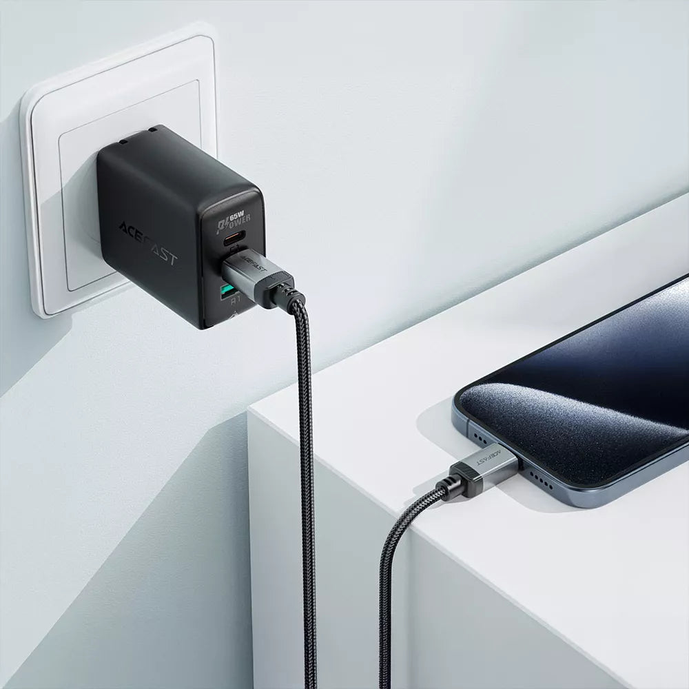 Black braided Acefast USB-C to USB-C cable coiled beside its connectors.