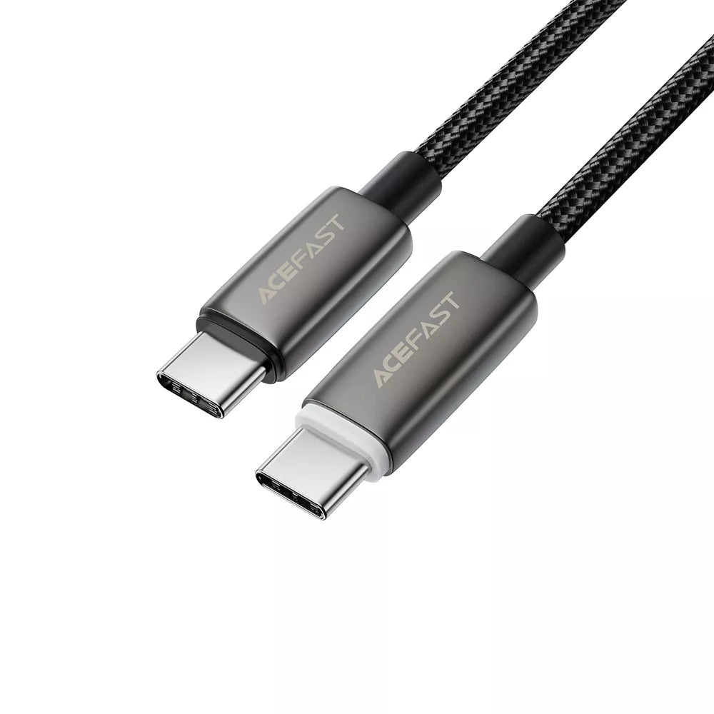 Black braided Acefast USB-C cable with a lit charging indicator.