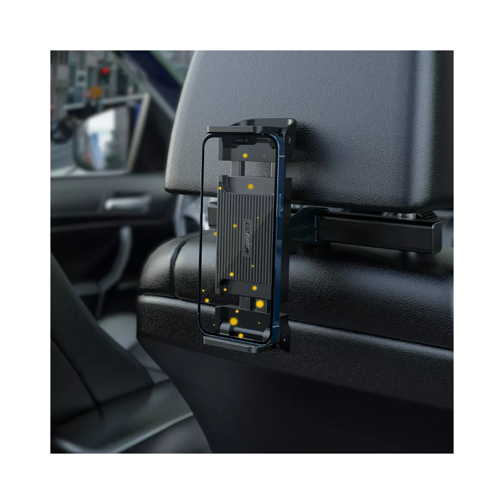 Black Acefast headrest mount holding a tablet on the back of a car seat.