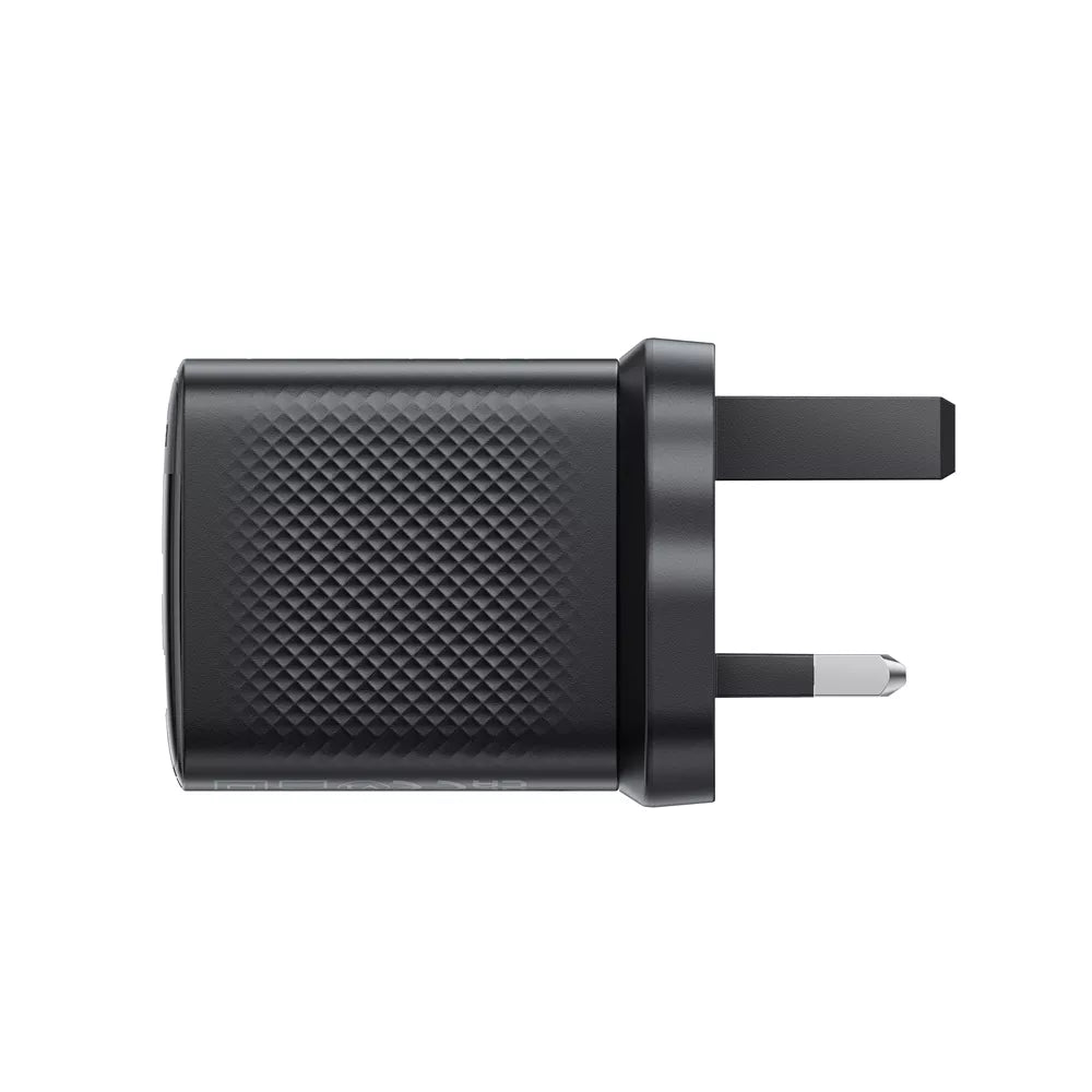 Black Acefast 20W UK plug with a USB-C and a USB-A port.