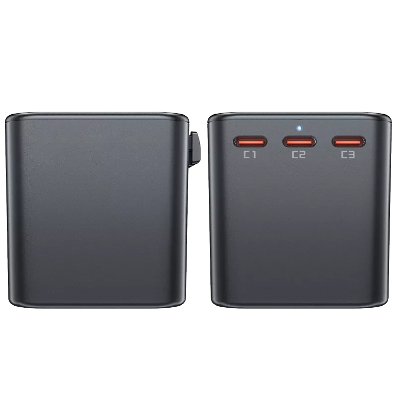 Black Acefast travel adapter with three USB-C ports and two USB-A ports.