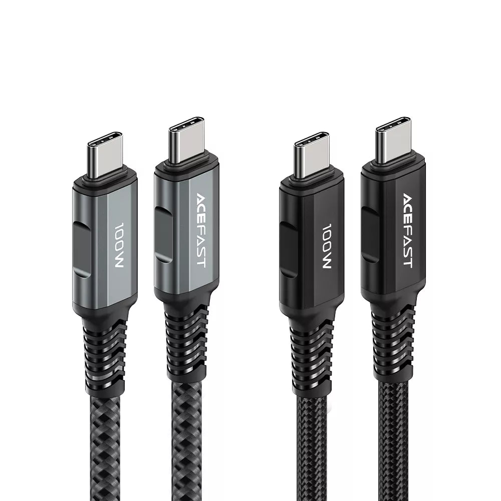 Two metre black braided Acefast USB-C cable coiled on a desk.