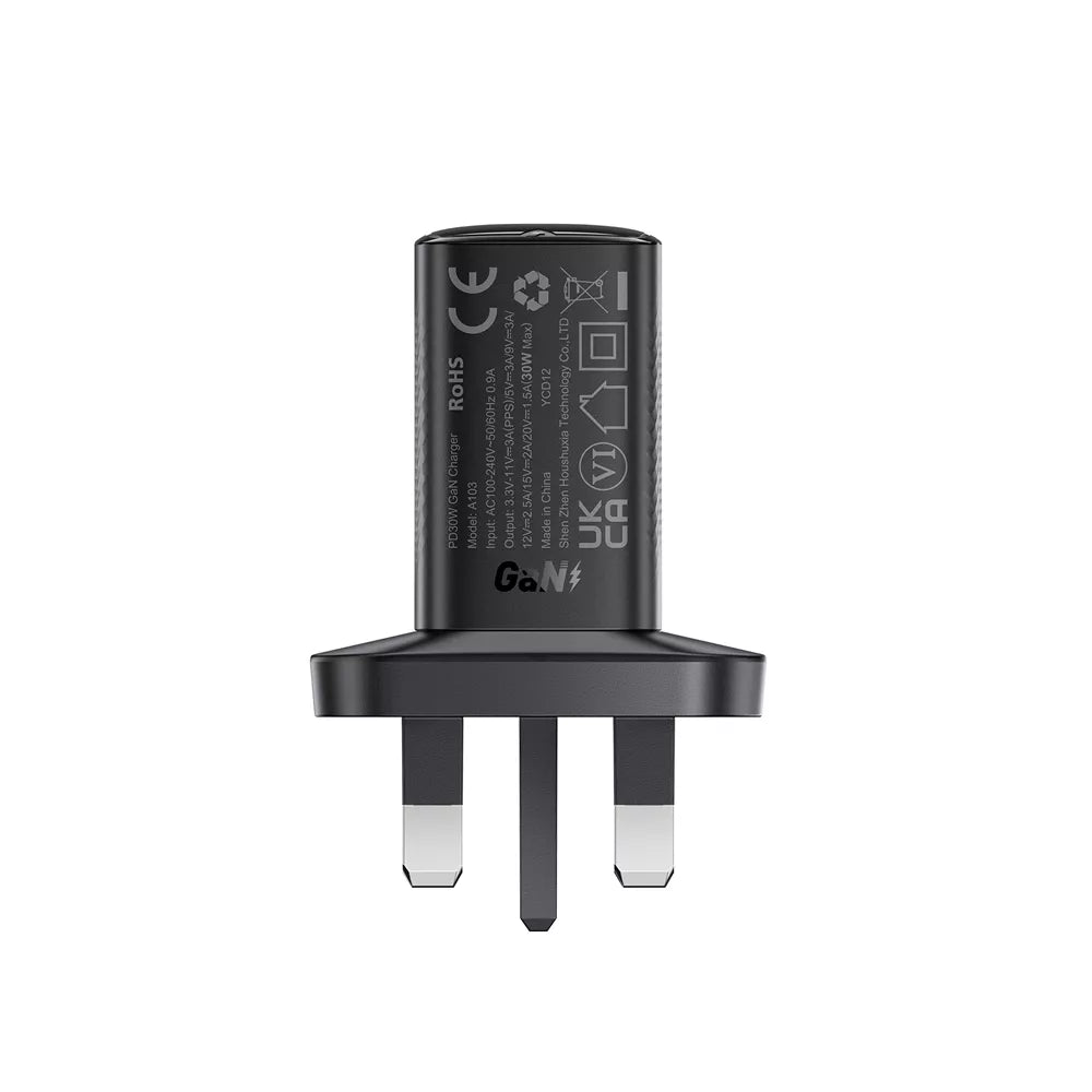 Black Acefast 30W UK plug with a single USB-C port.