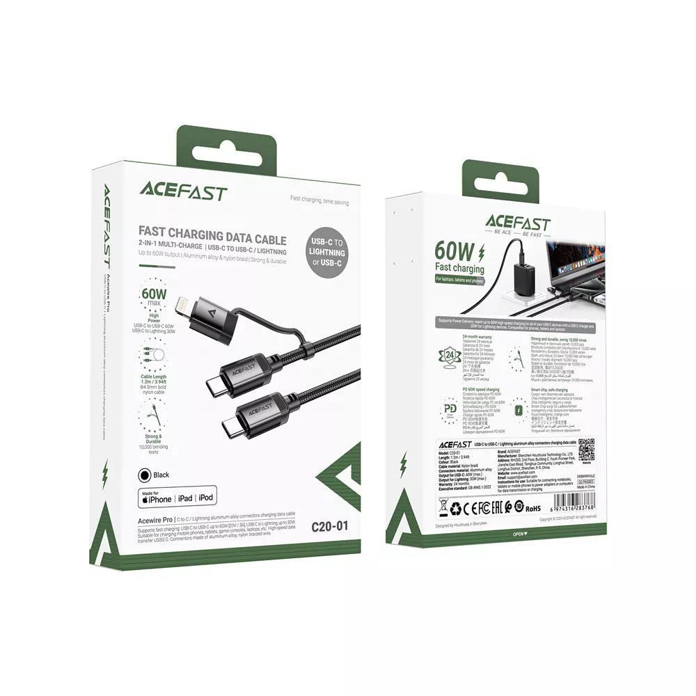 Acefast black braided 2 in 1 charging cable with USB-C and Lightning connectors.